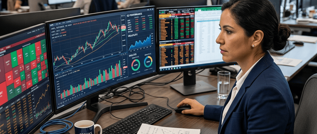 Financial analyst reviewing market charts across multiple monitors