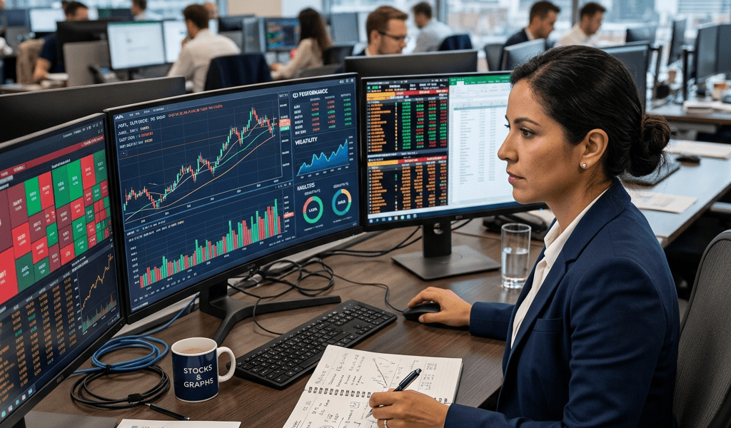 Financial analyst reviewing market charts across multiple monitors